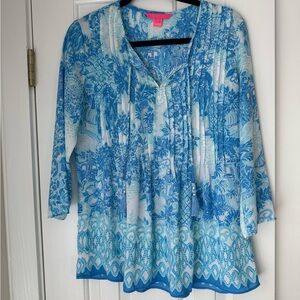 Lilly Pulitzer Blue Floral Women's Top with Tassels